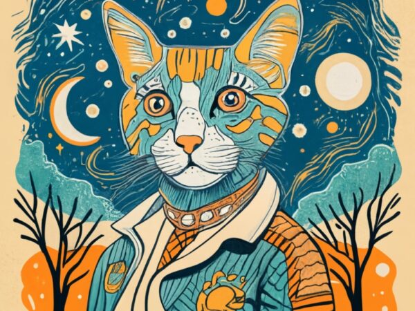 Composition with cat, van gogh style like the starry night desigh, t-shirt design png file