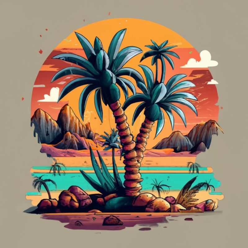create a Yahaira exactly two palm trees with black and white background suitable a t-shirt designs PNG File