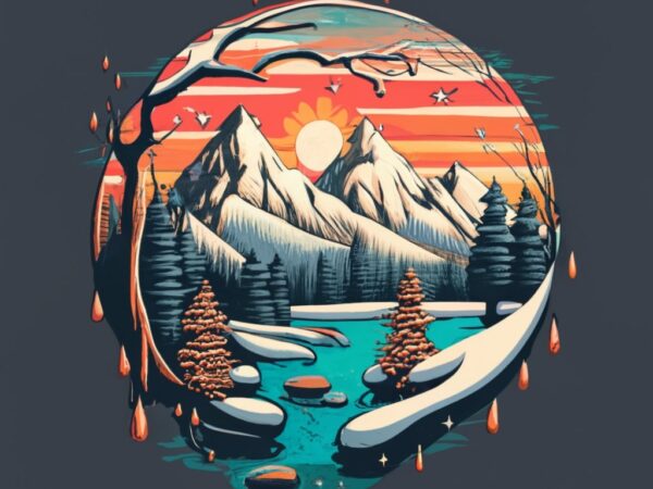 Elegant round vector t-shirt design, paint-dripping winter with a snowy sunset png file