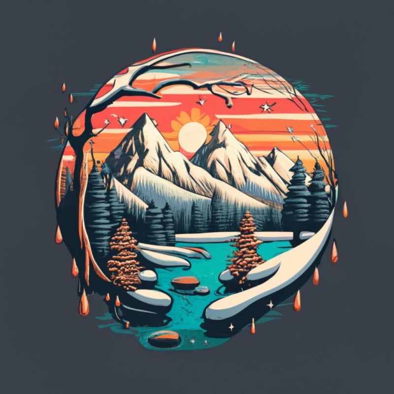 elegant round vector t-shirt design, paint-dripping winter with a snowy sunset PNG File