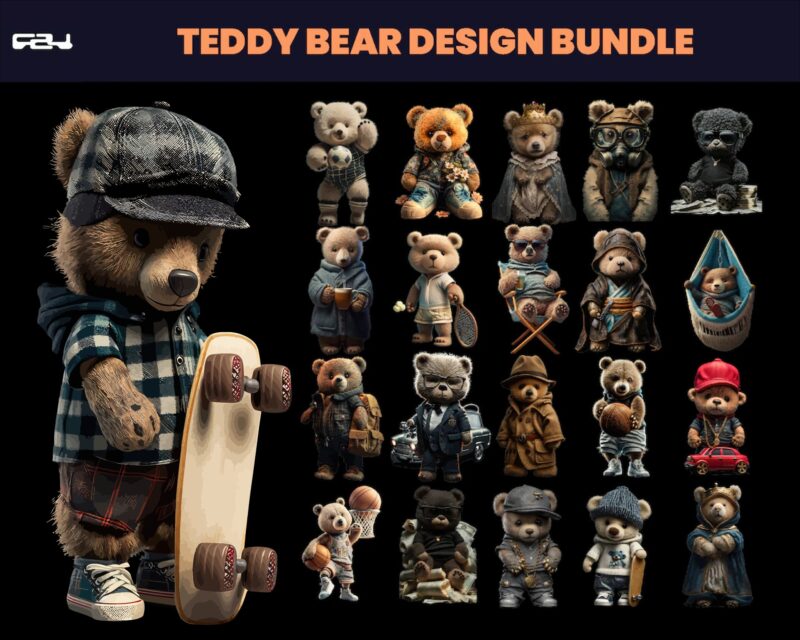 Bear T-shirt designs bundle, Bear Streetwear design, Shirt design, Bear design, Urban, Aesthetic Design, Teddy Bear design, DTG, DTF