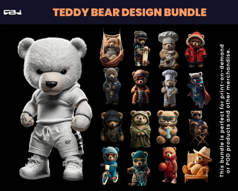 Bear T-shirt designs bundle, Bear Streetwear design, Shirt design, Bear design, Urban, Aesthetic Design, Teddy Bear design, DTG, DTF