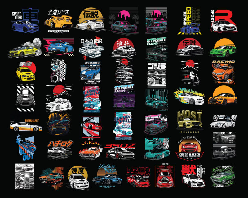 50 Sport Car Streetwear Designs, T-shirt Design bundle, Streetwear Designs, jdm Design, Urban Shirt designs, Graphics shirt , DTF, DTG