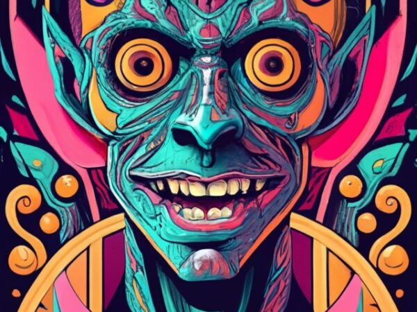 Strange psychedelic demon, black background, t-shirt design png file