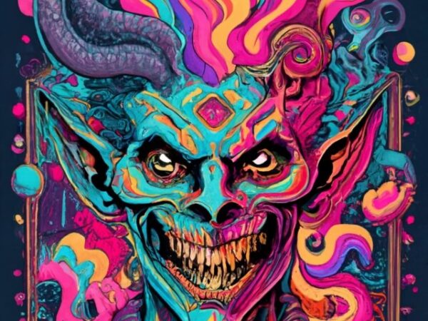 Strange psychedelic demon, black background, t-shirt design png file