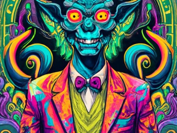 Strange psychedelic demon, black background, detailed illustration, t-shirt design png file