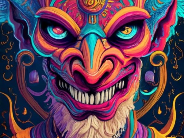 Strange psychedelic demon, black background, t-shirt design png file