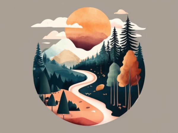 T-shirt design: watercolor techniques to create a dreamy and ethereal painting of a forest landscape, perfect for a nature-inspired t-shirt