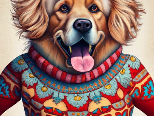 T-shirt design. a realistic happy golden retriever in a human body. fully dressed for winter, in a sweater and ski gear. illustrated like th