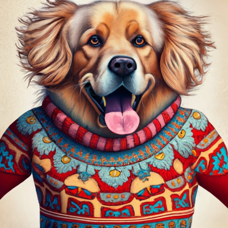 t-shirt design. a realistic happy golden retriever in a human body. Fully dressed for winter, in a sweater and ski gear. illustrated like th