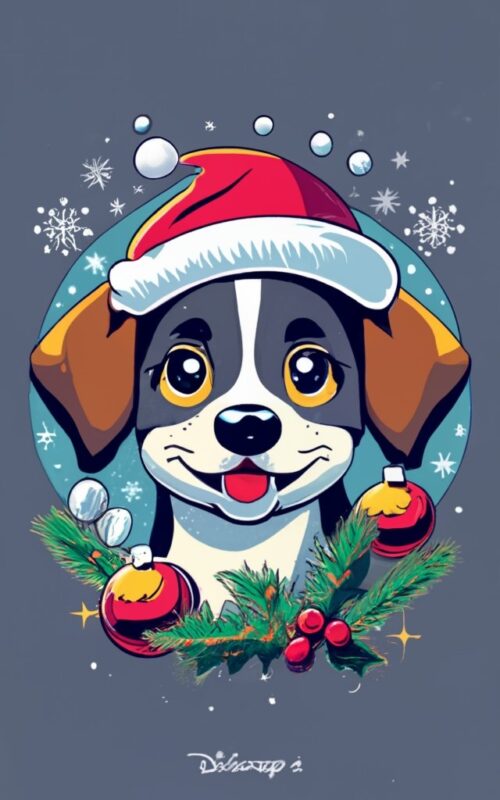 t-shirt design: It’s snowing in a circle , prominently at the center, Disney stile, tender puppy with Christmas hat, tilted head, surrounded