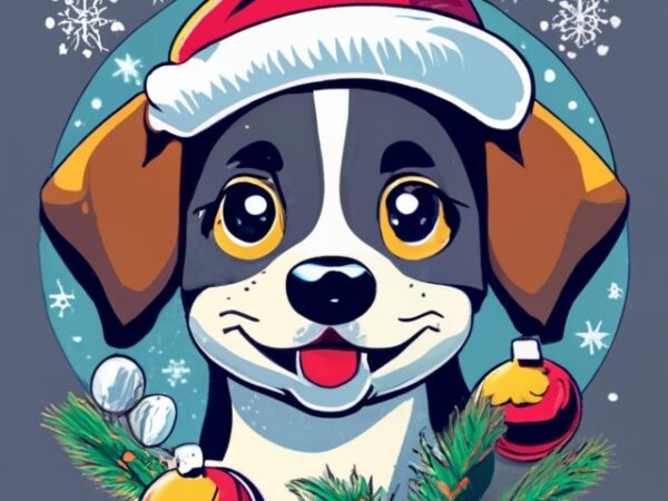 T-shirt design: it’s snowing in a circle , prominently at the center, disney stile, tender puppy with christmas hat, tilted head, surrounded