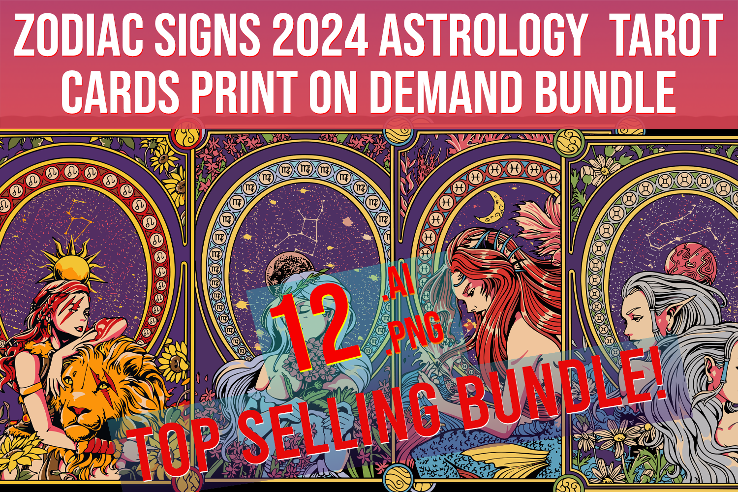 Zodiac Signs 2024 Designs Astrology Tarot Card Print on Demand Bundle