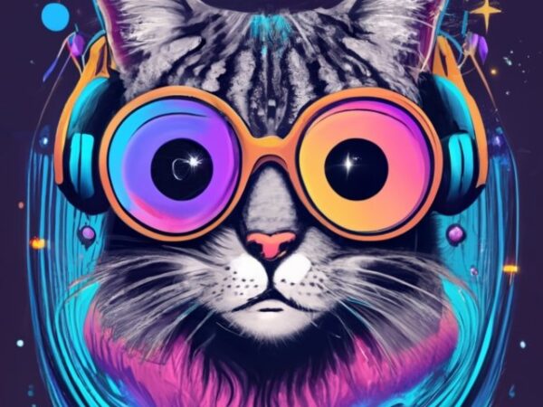 The cat and its music. cosmic environment. mystic. t-shirt design png file