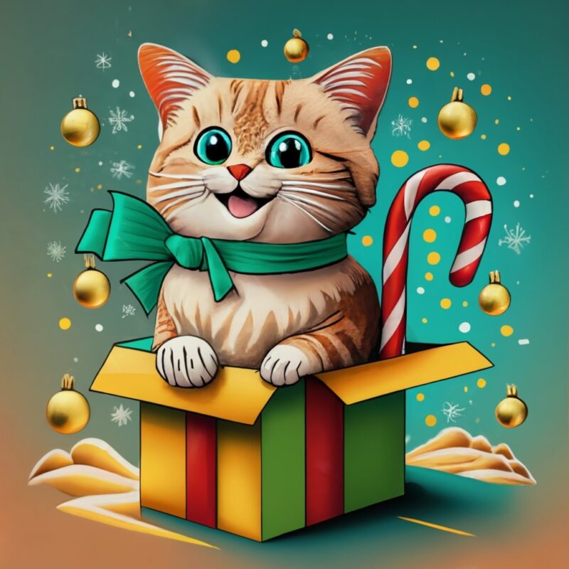 tshirt design of a cute and funny cat with a smile coming out of a gift box at christmas, christmas decoration PNG File