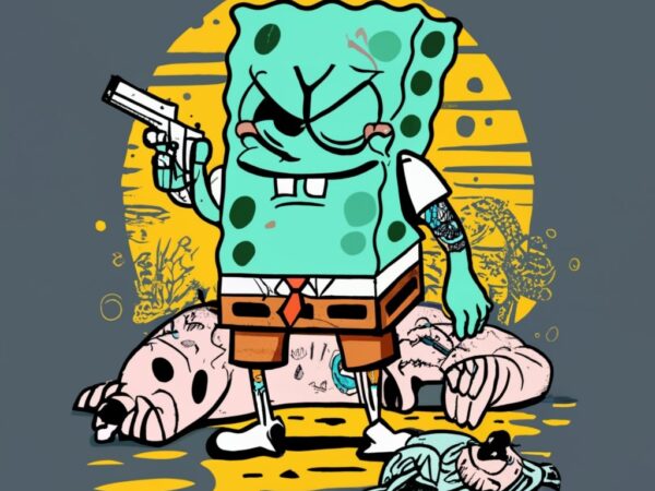 T-shirt design, gangster spongebob with tattoos and piercings holding a gun, standing in a parking lot, squirdward and mr crabs laying dead