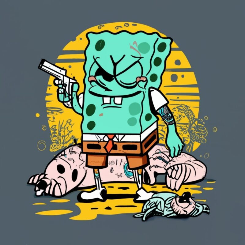 t-shirt design, gangster spongebob with tattoos and piercings holding a gun, standing in a parking lot, squirdward and mr crabs laying dead
