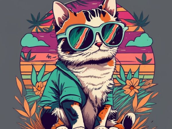 Tshirt design cool, cannabis, vintage calico cat baby, retro sunset design png file