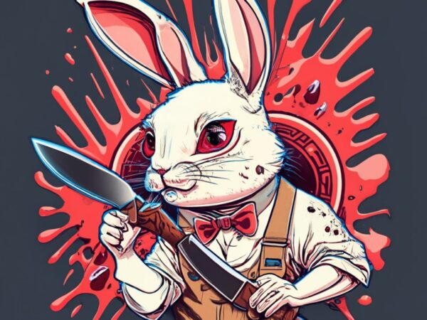 Rabbit with knife in his hand and red eyes on splashed red paint heart background png file t shirt design online