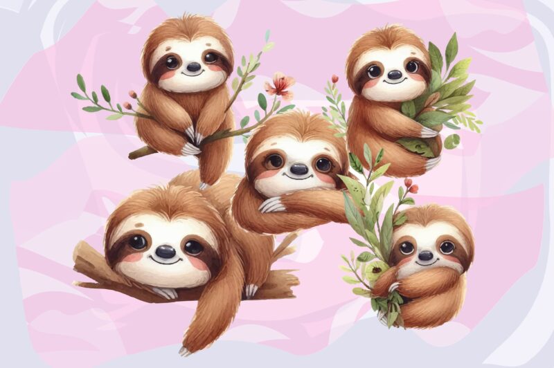 Sloth Animals Watercolor PNG Clipart