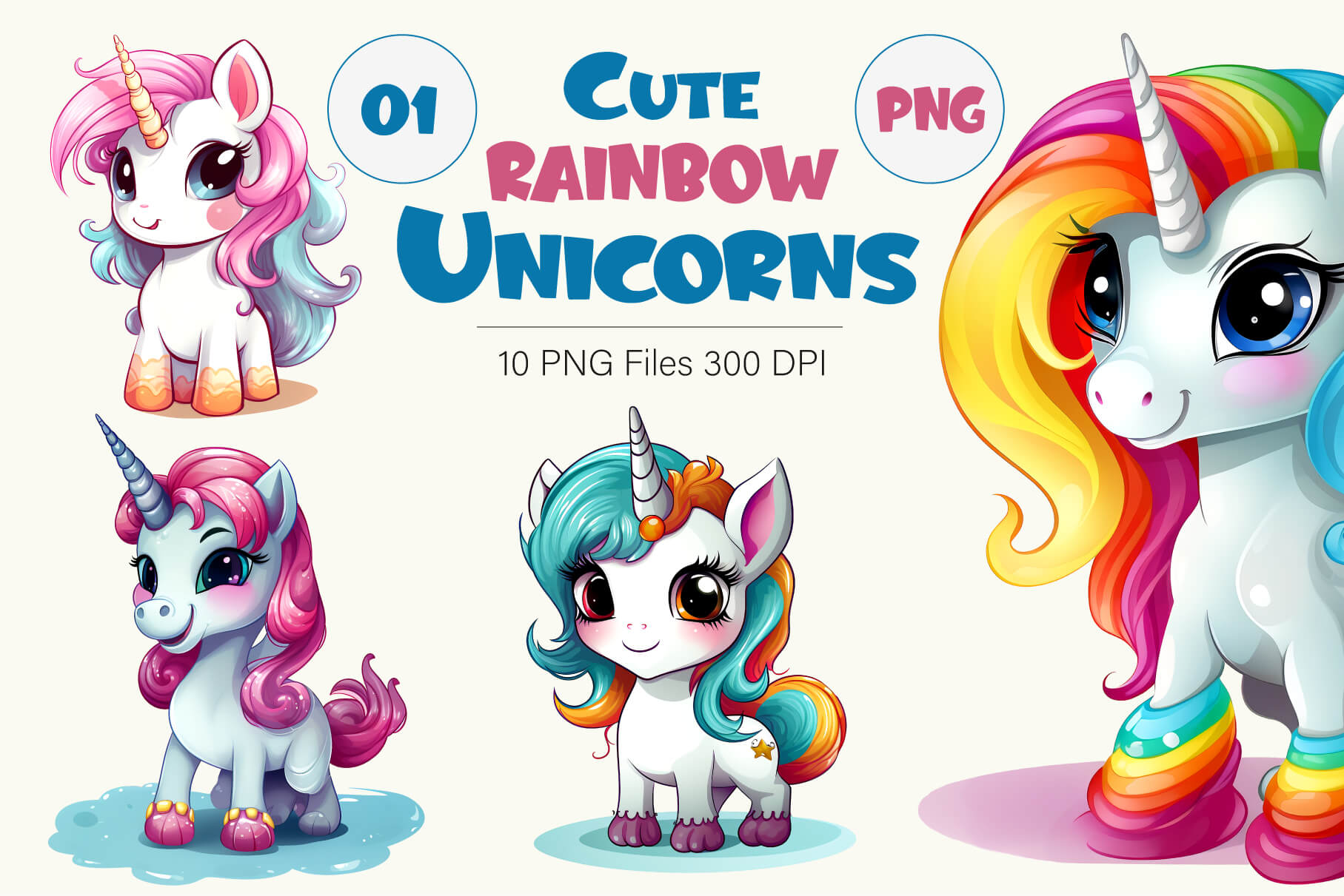 Cute rainbow unicorns 01. PNG Bundle. - Buy t-shirt designs