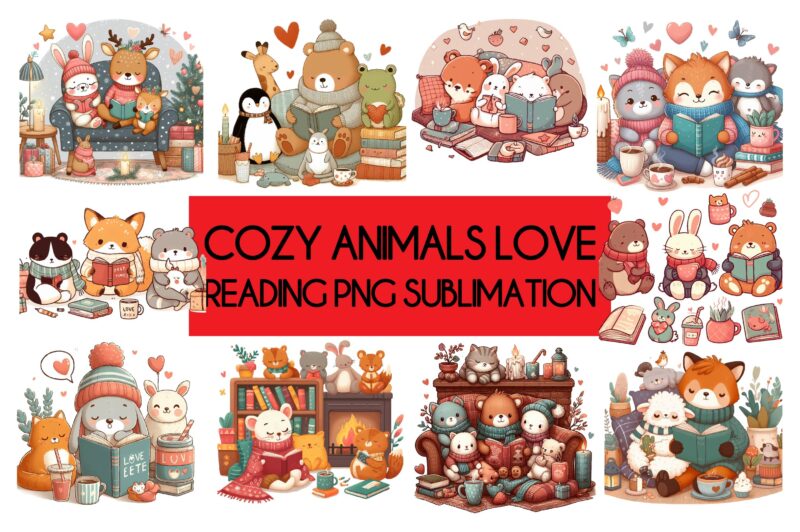 Cozy Animals Love Reading PNG Sublimation