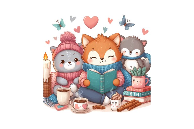 Cozy Animals Love Reading PNG Sublimation