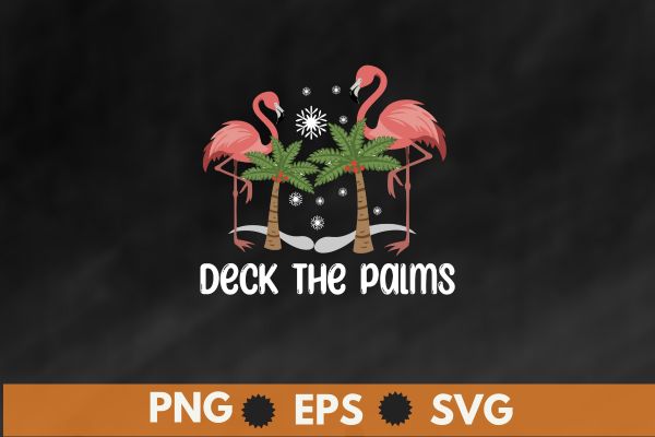 Deck the Palms Flamingo, Tropical Christmas Lights, t-shirt design vector, christmas, flamingo, lights, palms, tropical, deck, palm, tree,