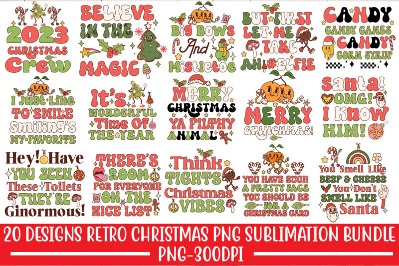 Retro Christmas PNG Sublimation Bundle,20 Designs,on Sell Design,Big Sell Design,Png Bundle,Christmas T-shirt Designs