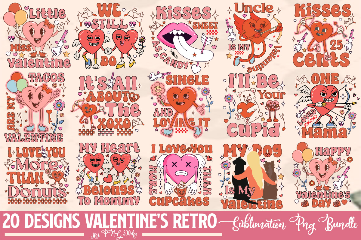 Groovy Valentines Stickers, Retro Valentine Sticker Bundle By ArtFM