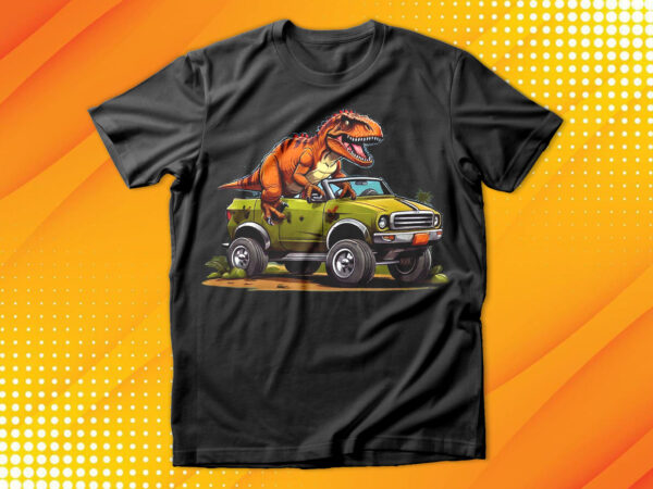 T-rex dinosaur riding on car t-shirt