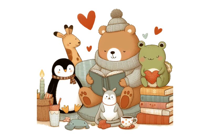 Cozy Animals Love Reading PNG Sublimation