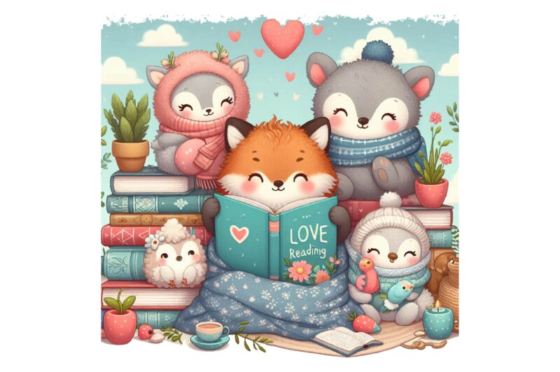 Cozy Animal Love Reading PNG Sublimation