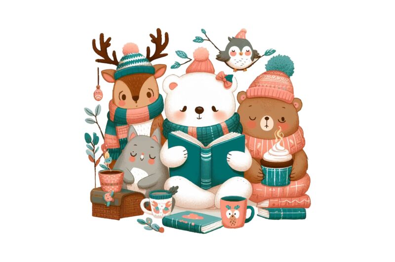 Cozy Animals Love Reading PNG Sublimation