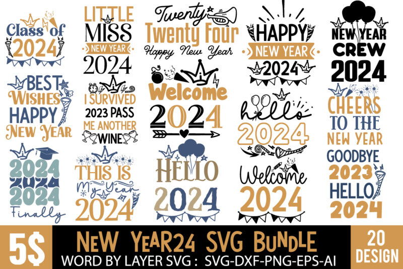 New Year 2024 T-Shirt Design Mega Bundle,New Year T-Shirt Design, New Year 2024 SVG Bundle | Happy New Year 2024 | New Year Sublimation