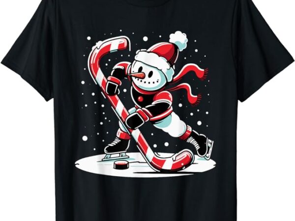 A snowman playing hockey with a candy cane hockey stick t-shirt