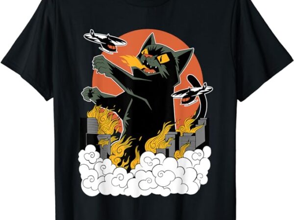 Black japanese catzilla sunset t-shirt – classic fit, crew neck, cotton & polyester blend