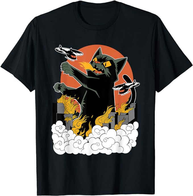 Black Japanese Catzilla Sunset T-Shirt – Classic Fit, Crew Neck, Cotton & Polyester Blend