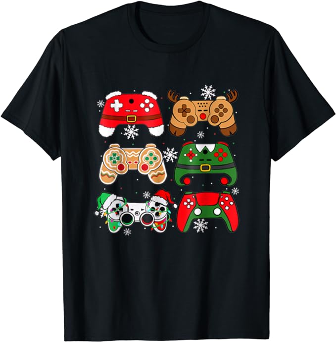 Boys Christmas Shirt Santa Elf Gaming Controllers Gamer Xmas T-Shirt