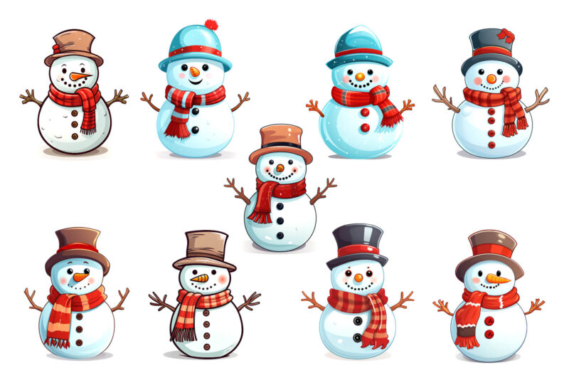 Cartoon Christmas Snowmans. PNG Bundle.