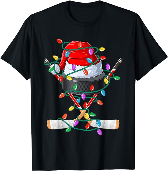 Christmas Hockey Xmas Santa Sports Hat Ball Kids Boys Men T-Shirt