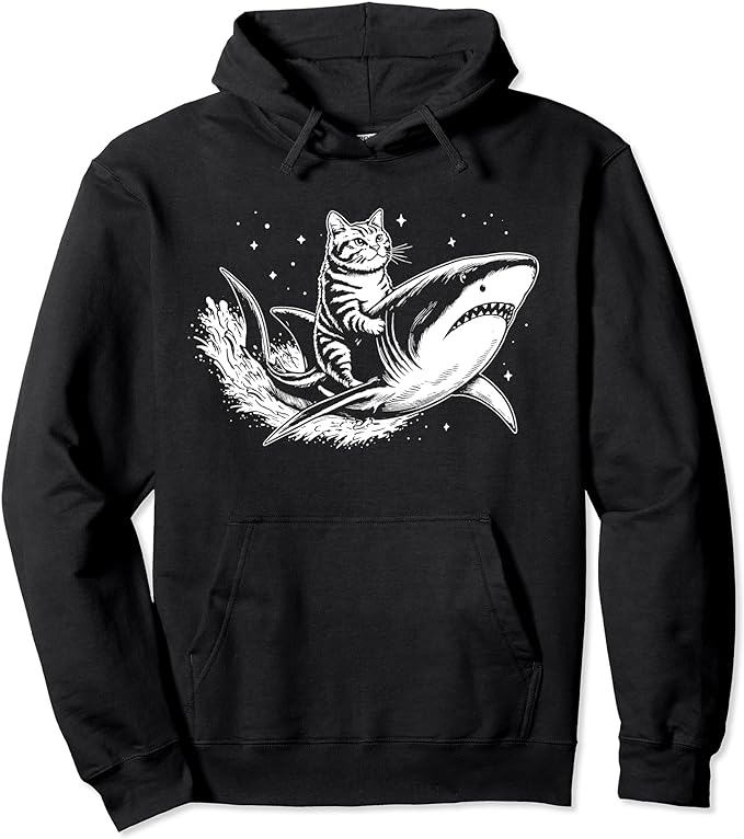 Cute Anime Cat Riding Shark Lover Kawaii Kitten Lover Kids Pullover Hoodie