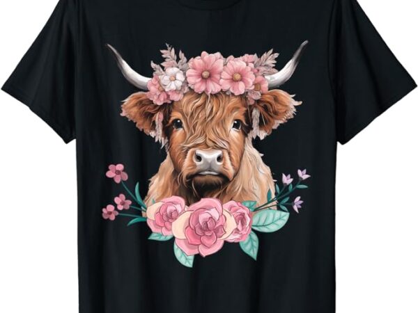 Cute baby highland cow with flowers calf animal cow women t-shirt