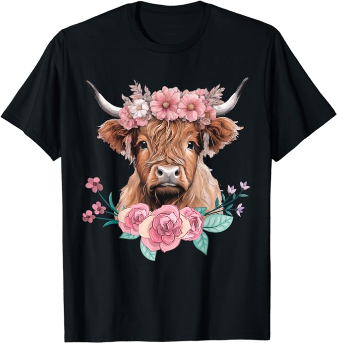 Cute Baby Highland Cow With flowers Calf Animal cow women T-Shirt