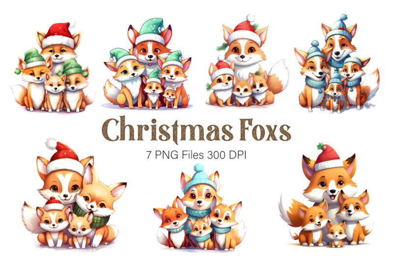 Cute Foxs With Christmas Santa Hat. Stickers.