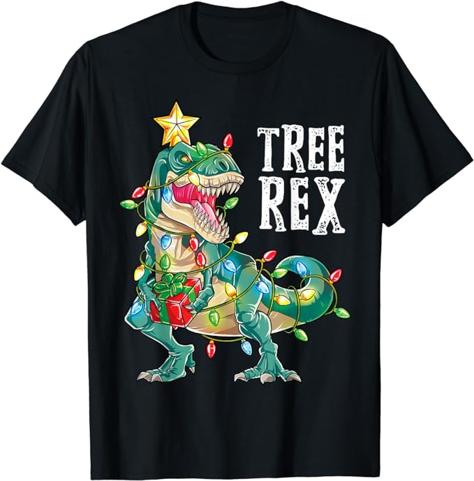 Dinosaur Christmas Tree Rex Pajamas Men Boys Xmas Lights T-Shirt