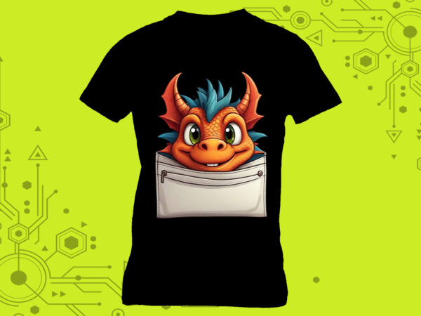 Pocket-sized cartoon dragon elegance in clipart, meticulously crafted for print on demand websites. perfect for a multitude of creative job t shirt illustration