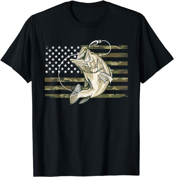 Fishing Camouflage US American Flag Bass Fish Fisherman Camo T-Shirt