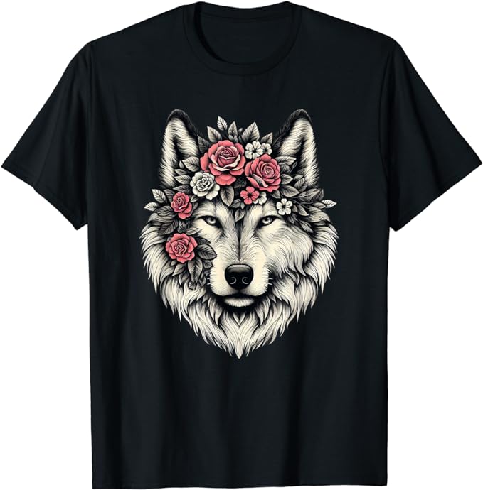 Floral Wolf Animal Cute Botanical Wolf Flowers Wolf Lovers T-Shirt