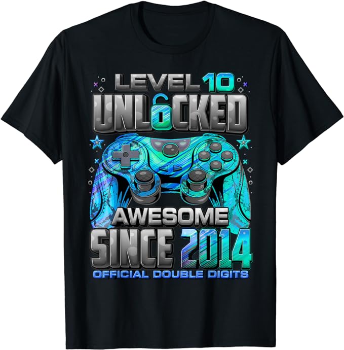 Level 10 Unlocked Awesome Since 2014 10th Birthday Gaming T-Shirt